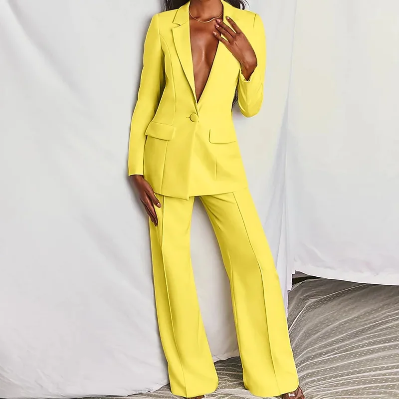 Female Solid Color Business Two Piece Set Elegant Casual V Neck Lapel Button Blazer Set Fashion Simple Long Sleeve Classic Suits