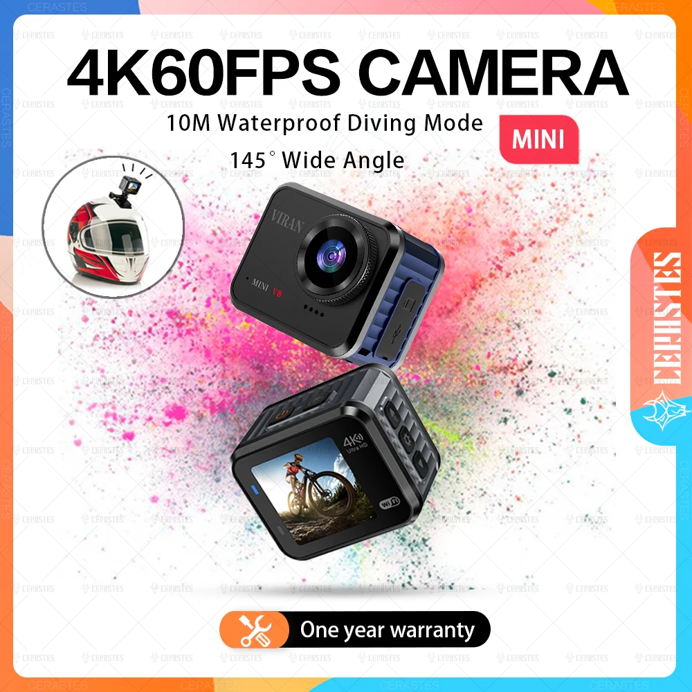 CERASTES 미니 액션 카메라, 울트라 HD, V8, 16MP, 와이파이, 145 °, 10M 바디 방수, 헬멧 비디오 녹화 카메라, 스포츠 DV 캠, 4K60fps