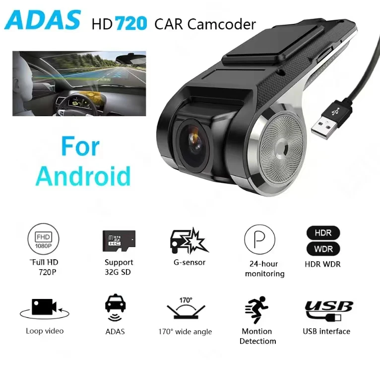 HD Dash Cam Car USB ADAS DVR Dual-lens Camera Video Special for Android Multimedia Player Front Recorder Reverse Vision