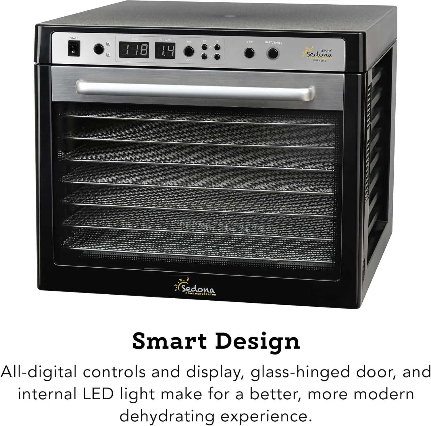 Sedona SDC-S101-B Supreme Commercial Electric Food Dehydrator with Stainless Steel Dehydrator Rack Trays, Black, 17"X19. 4