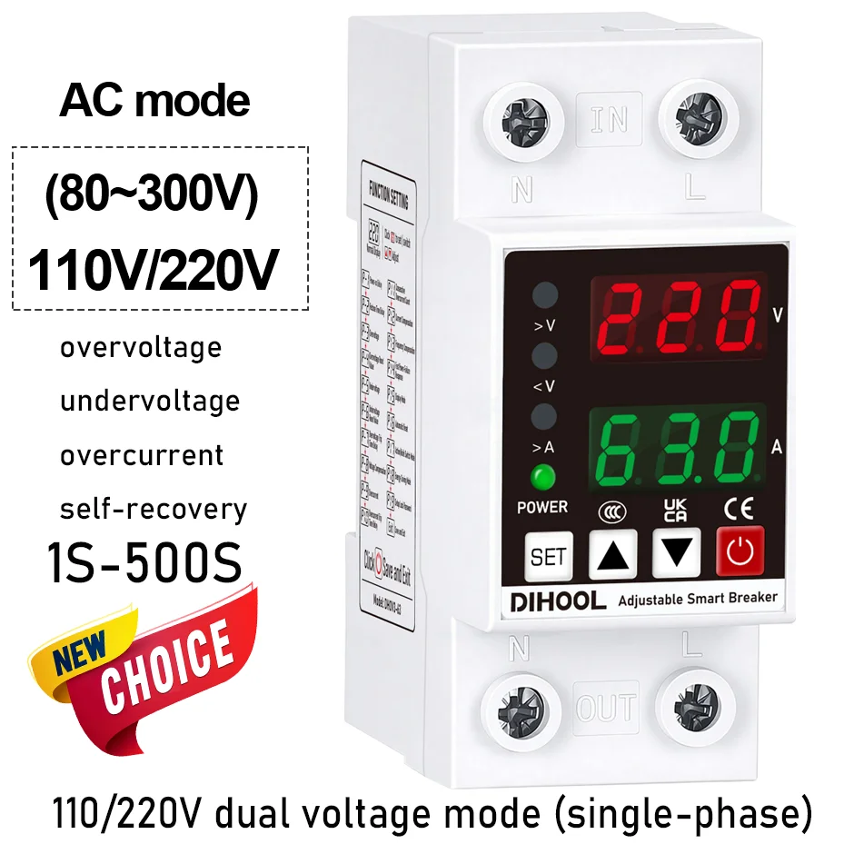 Regulowany Ogranicznik Napięcia i Prądu 110/220V 80-300V Uniwersalny Jednofazowy AC DC Ochrona 1~63A Samoresetujący