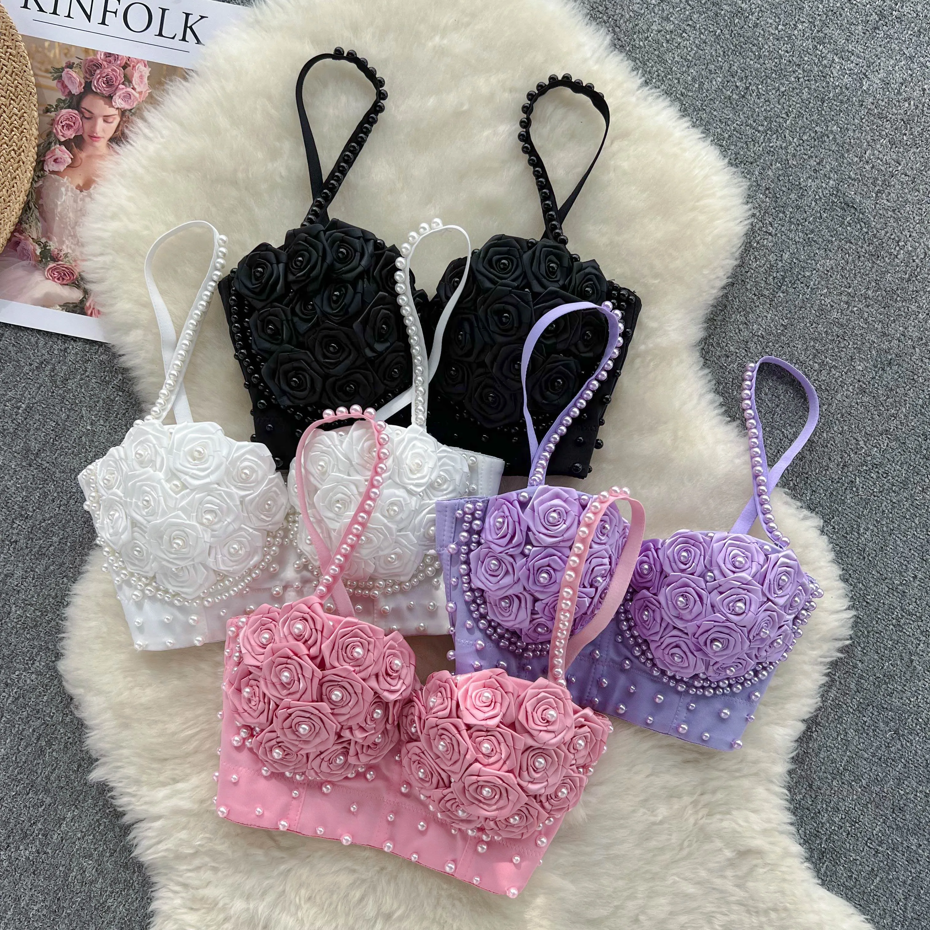 

New Boutique Cool Outer Wear Strapless Bra Flower Beaded Diamond Women's Sexy Sleeveless Vest Tops Short Crop Tops