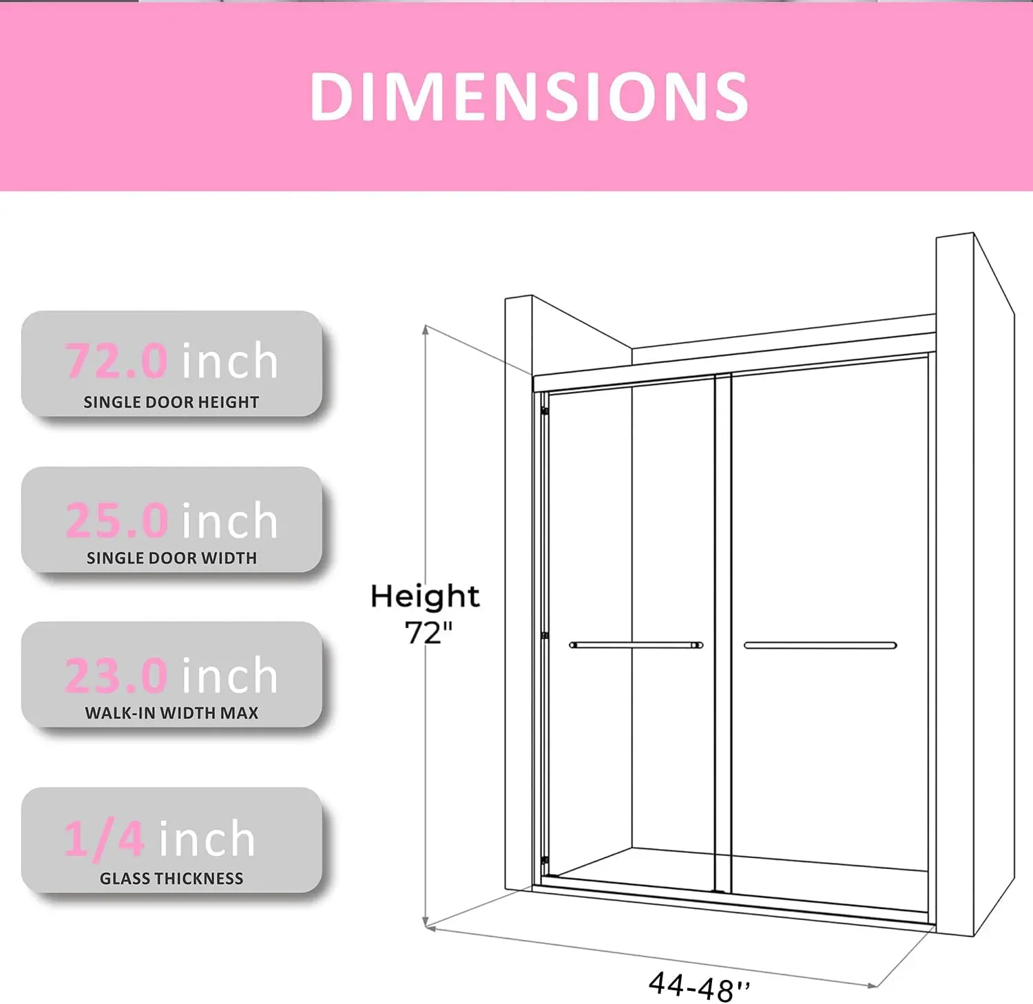 48 Inch Glass Shower Door with 1/4" (6mm) Clear SGCC Tempered Glass,44-48 in.W x72 in.H Semi-Frameless Sliding Shower Door 2