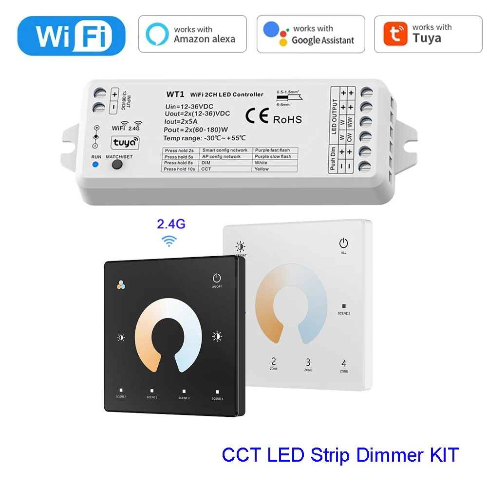 ตัวควบคุมไฟ LED อัจฉริยะ TUYA WifI WT1 แบบหรี่แสงได้ 2 ช่อง 12V 24V 36V CCT ชุดควบคุมการหรี่แสงไฟ LED แถบ พร้อมรีโมทคอนโทรล RF 2.4G สวิตช์สัมผัส 4 โซน 1