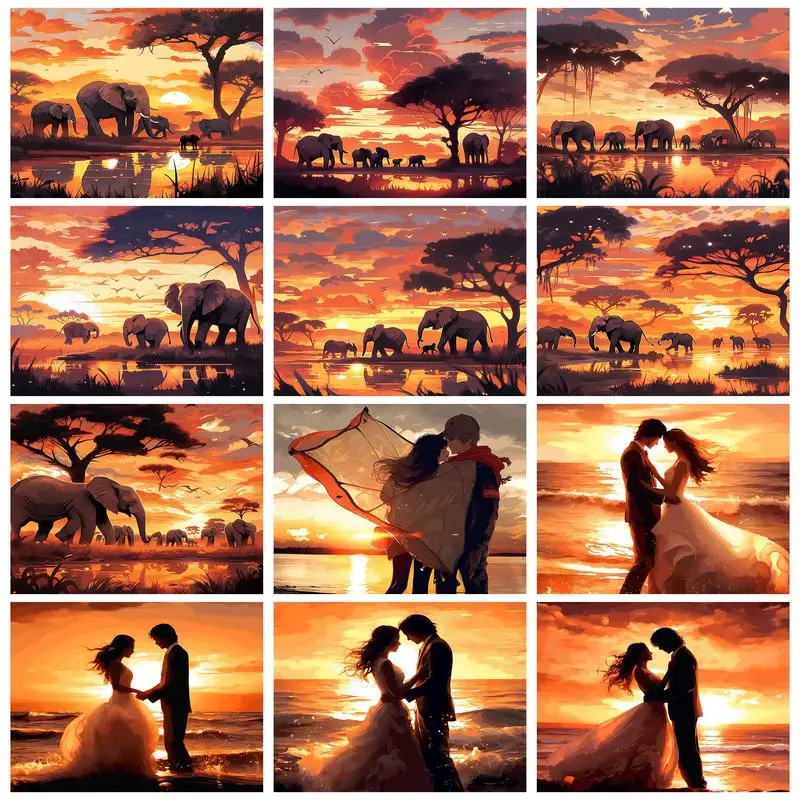 

RUOPOTY Painting By Numbers Handmade Sunset Elephant Animal Acrylic Paints Home Decors For Adults Coloring By Number Gift