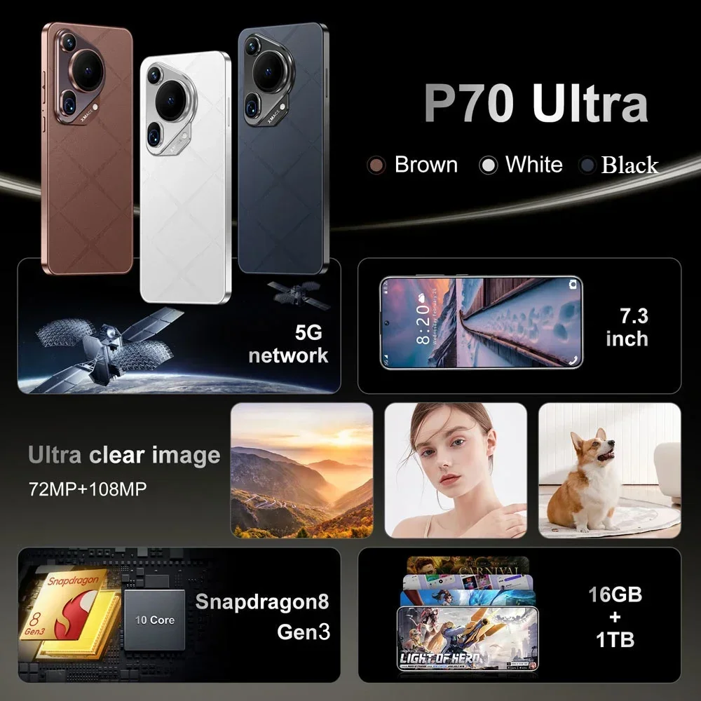 Smart Phone P70 Ultra 7.3inch Original Global Version Android14 Snapdragon 8 gen 3 5G Dual Sim Cellphones
