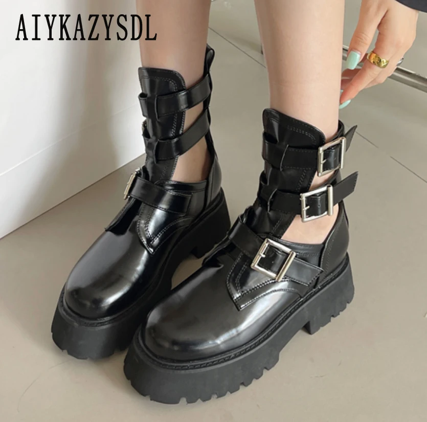 

AIYKAZYSDL Punk Motorcycle Boots Women Strappy Cut Out High Top Booties Platform Wedge Thick Flat Heel Gladiator Sandals Shoes