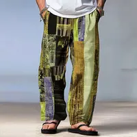 Pantalon Patchwork bloc de couleur pour hommes, taille moyenne, cordon de serrage, taille élastique, hawaïen, décontracté, jambes droites pour l'extérieur 4