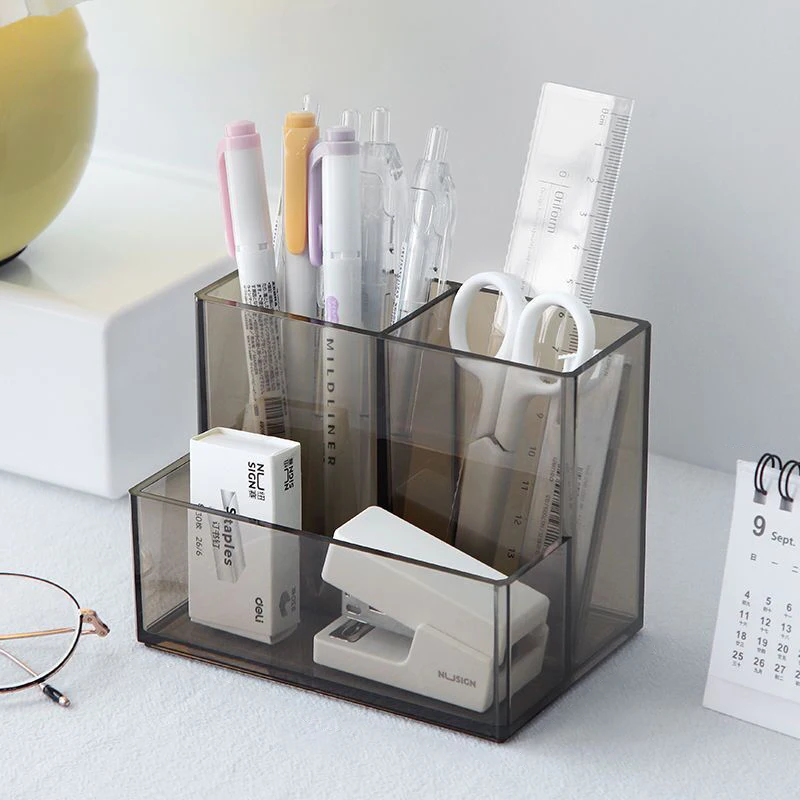New Clear Pencil Holder For Desk 3 Compartments Acrylic Pen Holder