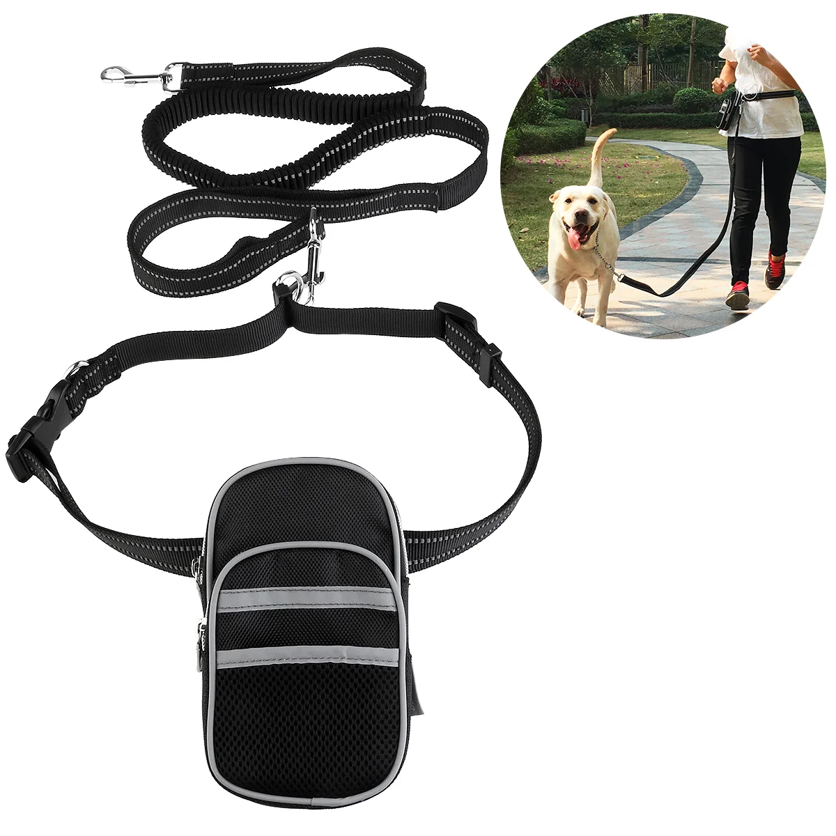 

FOXNOVO Hands Free Reflective Waist Pet Leash Adjustable Elastic Dog Leash with Bag Dispenser for Running Hiking Jogging Waking