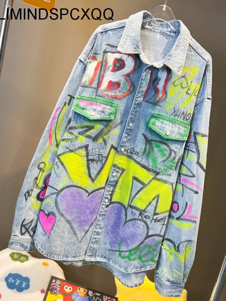 

Женская джинсовая куртка с надписью, демисезонная Свободная джинсовая куртка с надписью и граффити, ковбойская уличная одежда, топы