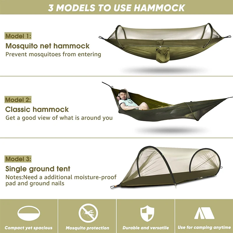 WESTTUNE Outdoor Camping Hammock with Mosquito Net Automatic Quick Opening Hanging Hammocks Fabric Hanging Sleeping Swing Bed 3