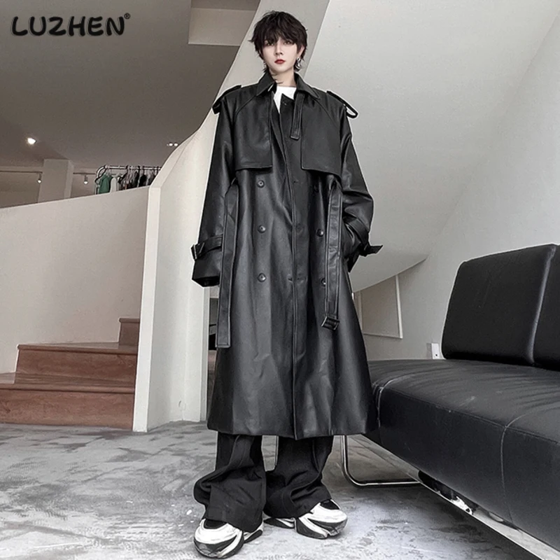 

LUZHEN Trend Men's Leather Long Coat Korean Style Mid Length Silhouette Knee High Trench Niche Design Premium Pu Overcoat 14ca39