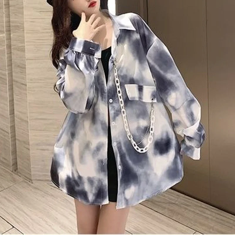 

2023 New Spring and Autumn Women's Fashion Trend Retro Hong Kong Style Tie Dye Print Loose Relaxed Thin Versatile Cardigan Coat