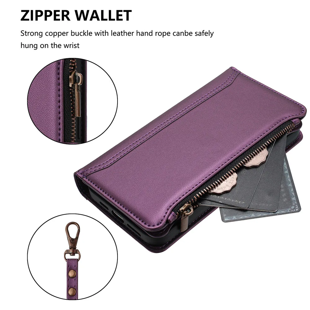 Zipper Multi-Card Wallet Flip Case with Lanyard