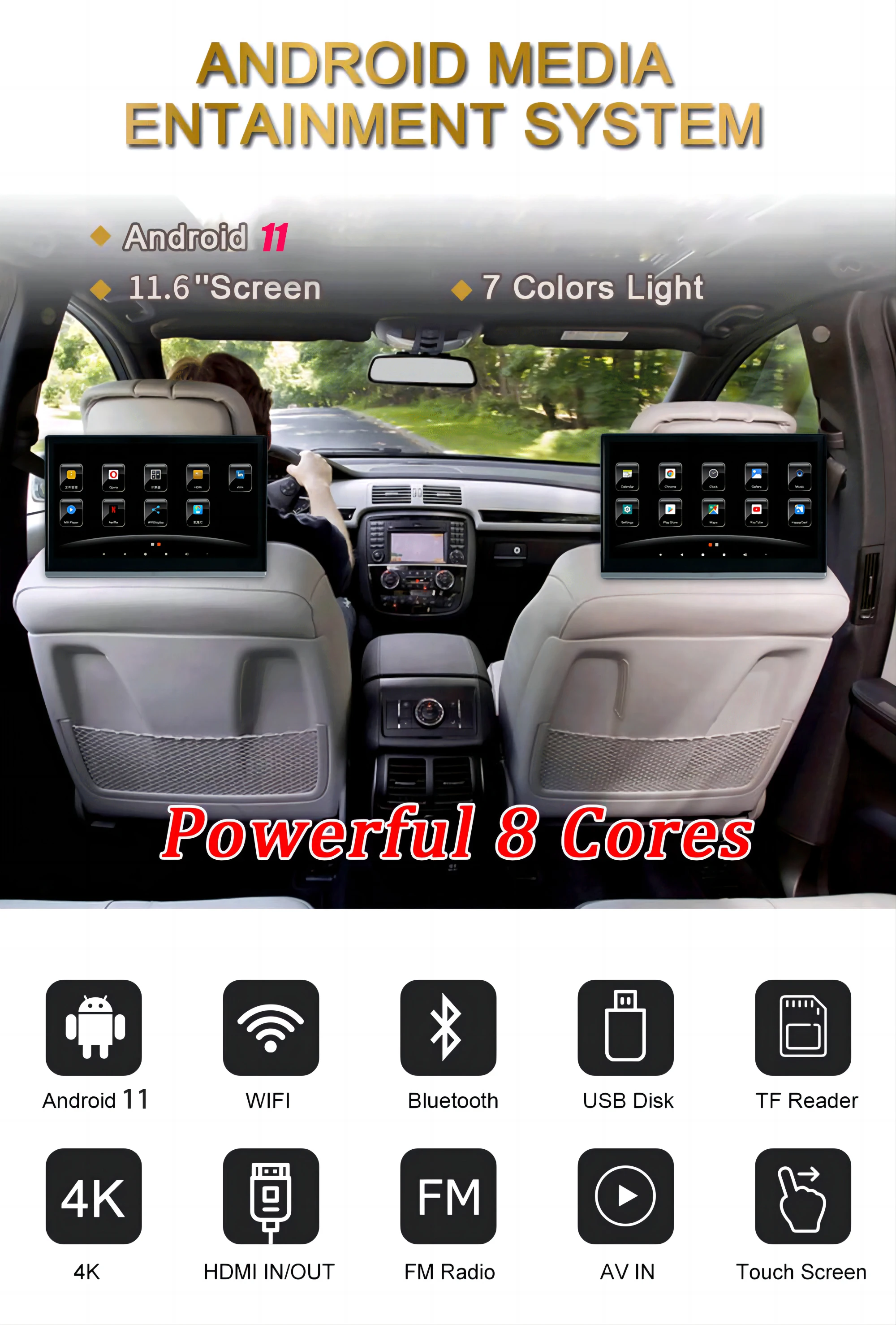 Car Headrest Monitor 11.6" IPS Screen Android 11 HD1080P 4K WIFI/USB/TF