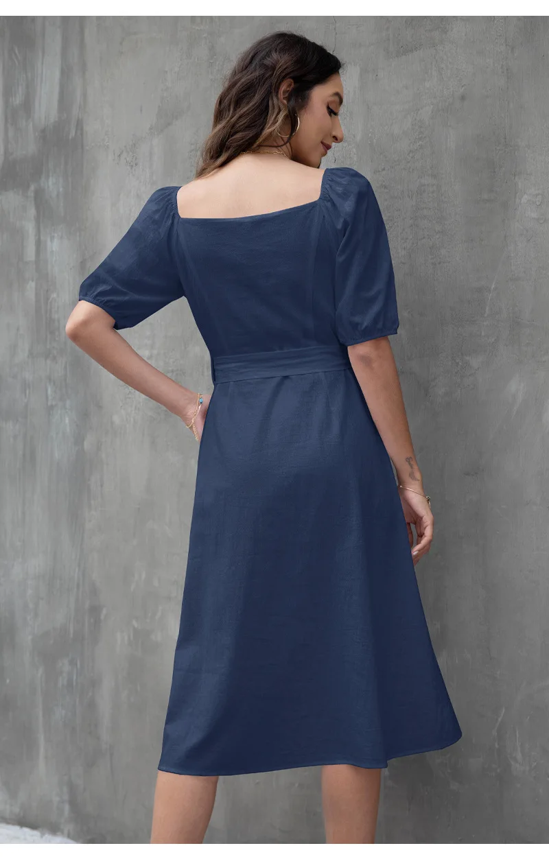 Botão de Cintura Escritório Feminino Branco Francês Novo Estilo Quadrado Pescoço Lanterna Manga Média Alta Casual Fofo Vestido 13 Computers & Electronics