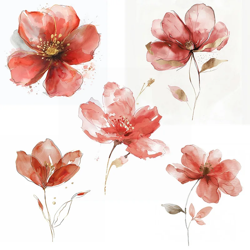 C1144# Red Watercolor Flowers Toilet Stickers Decoration for Living Room Wall Bedroom and Home Decor Car Decals Self-Adhesive