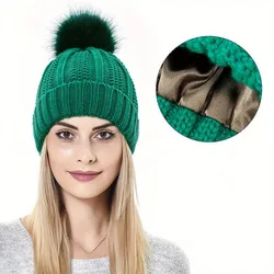 Soft Satin Lined Beanie With Pom Solid Color Knit Hats Breathable Cuffed Beanies Elastic Skull CapForWomen Girls Autumn & Winter