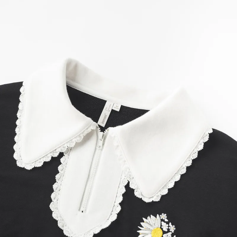 INMAN Women Sweatshirts 2023 Autumn Long Sleeves Lace Lapel Loose Hoodies Contrast Pearl Embroidery Casual All-match Black Tops