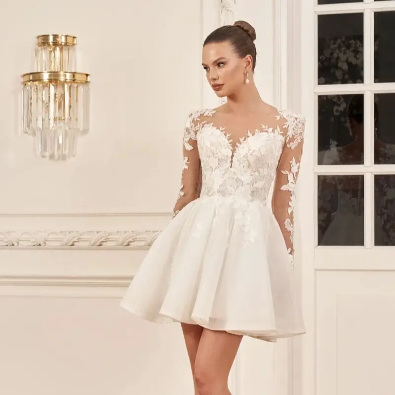 

vestidos de novia Short Wedding Dress Ankle Length For Women Lace Appliques Bridal Gowns Customize To Measures Buttons Back