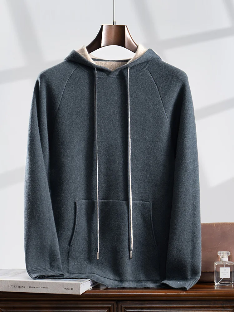 Choice Autumn Winter Men Cashmere Hooded Pullover 100% Pure Cashmere Knitted Sweater Long Sleeve Thick Soft Warm Casual Clothing 2