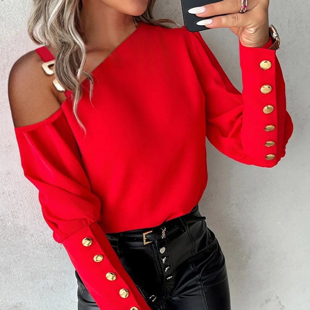 Red Metallic Long Sleeve Casual Women T Shirt