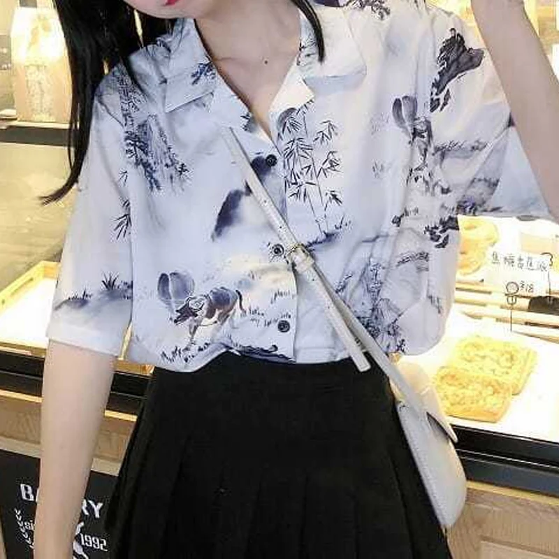 Summer New Chinese Style Shirt Women POLO Collar Fashion Short Sleeve Button Cardigan Vintage Elegant Printing All-match Blouse