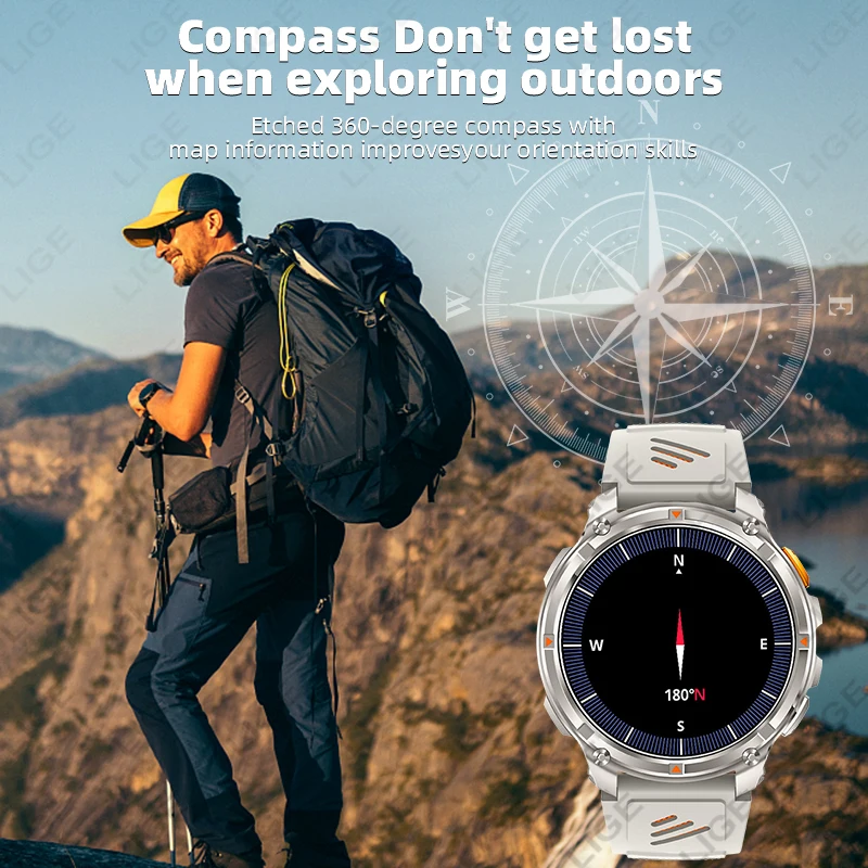 LIGE New 1100mAh Battery Smart Watch Military Compass LED Flashlight Men Outdoor Sport Watches Voice Calling 1.7" HD Smartwatch