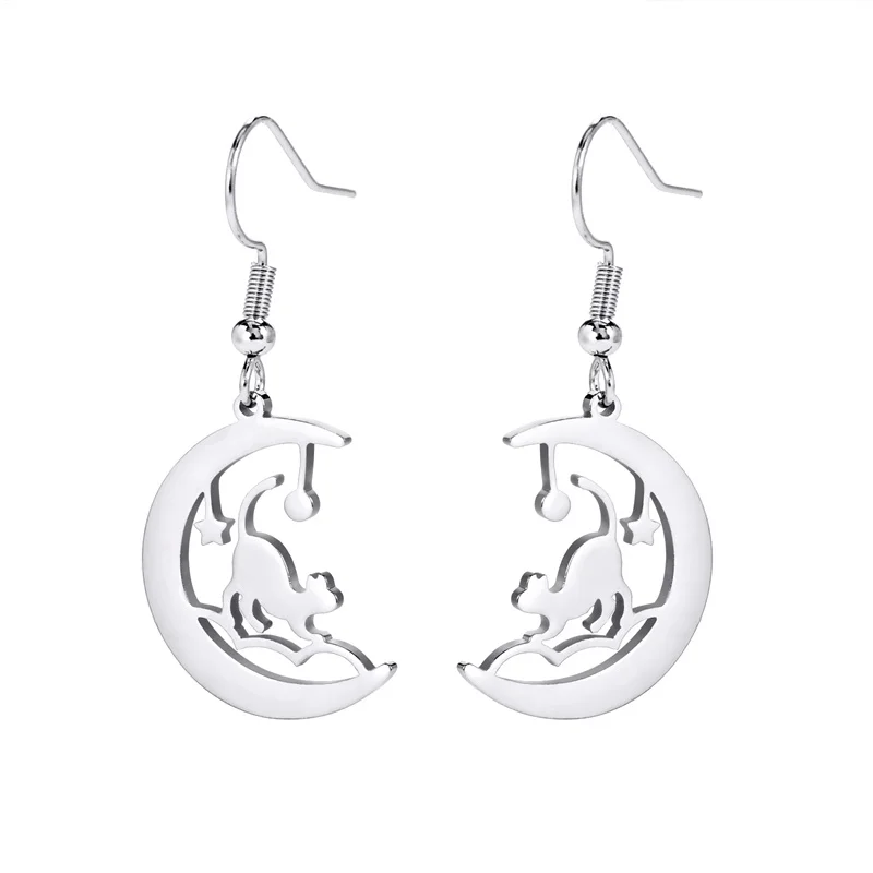 LIKGREAT Orecchini Pendenti Donna Gatto E Luna In Acciaio Inox - Gioielli A Tema Luna E Gatto, Argento E Oro, Regalo Compleanno - 3