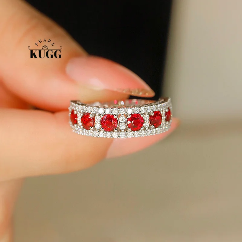 

KUGG 18K White Gold Rings Luxury Elegant Design Real Natural Ruby Shiny Diamond Gemstone Ring for Women High Engagement Jewelry