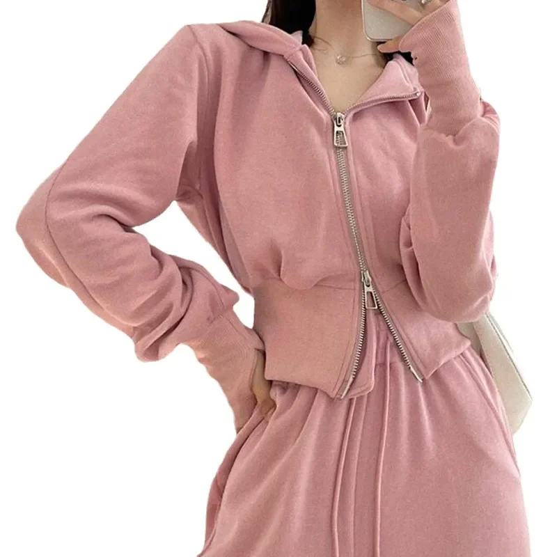 New Fashion Women Short Sweatshirt Pants Set Autumn Loose High-waisted Hoodie Double Zipper Trend Women's Casual Two-piece Set