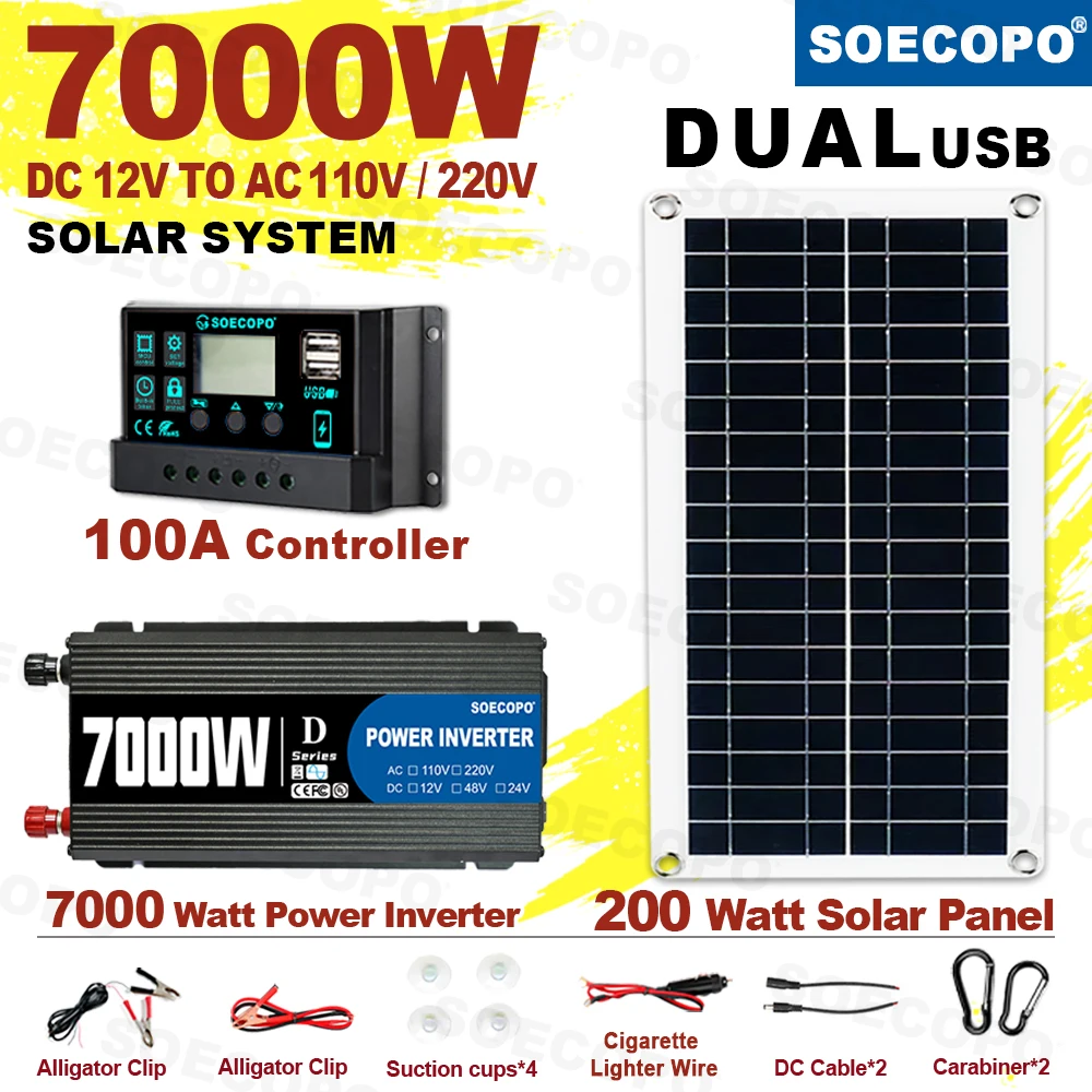 7000W Solar System Kit 12V To 110V/220V Off-Grid Inverter System 100A Controller 200W Panel for Home/Camping Backup CE FCC solar panel kit solar controller grid solar inverter