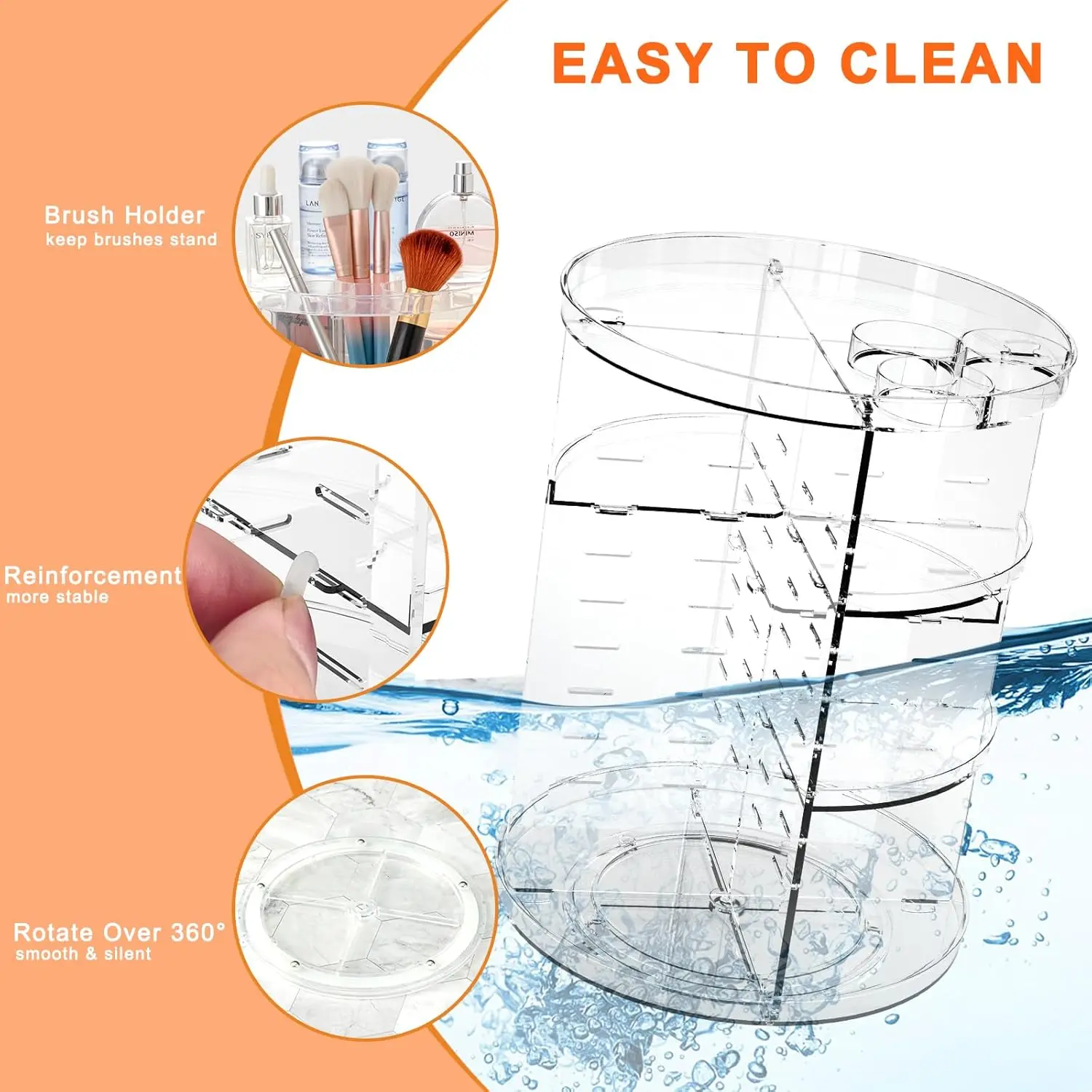 Rotating Makeup Organizer, Adjustable Layers Spinning Skincare Organizer, Cosmetic Display Case with Brush Holder Perfume Tray 6