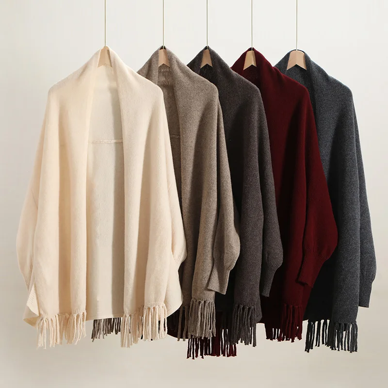 Loose Women 100% Merino Wool Sweater Tassel Shawl Cardigan Autumn Winter Simple Cashmere Chic Casual Knitwear Clothing Shawl Top