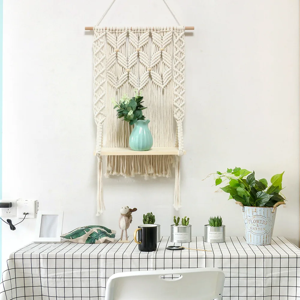 

Macrame Tapestry with Tassel Wall Hanging Plant Shelf Boho Cotton Rope Hand Woven Floating Shelves Wall Decor Room decoration