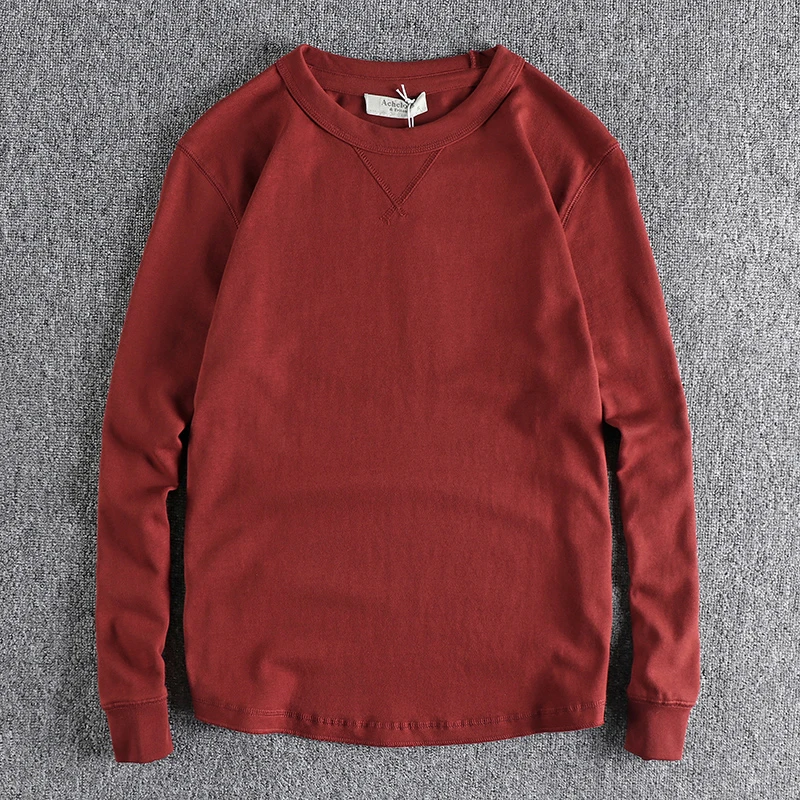 

Весенняя Тяжелая трикотажная футболка 330 г в американском ретро-стиле с длинным рукавом и круглым вырезом, простые мужские повседневные топы из 100% хлопка с эффектом потертости