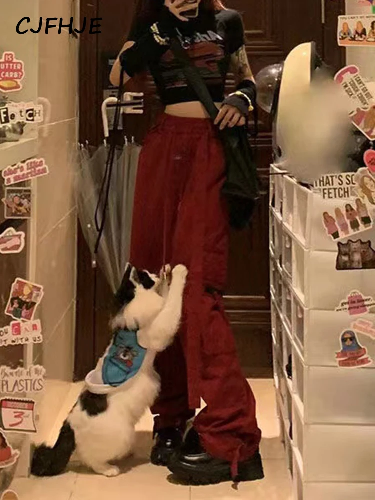 

CJFHJE Красные винтажные свободные спортивные брюки Y2K с кулиской женские модные повседневные брюки-карго Женские Мешковатые брюки-бойфренды уличная одежда