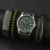 4PCs/Set Men's Vintage Watch Nylon Strap Fashion Calendar Quartz Dial Green Leather Bracelet Set 1