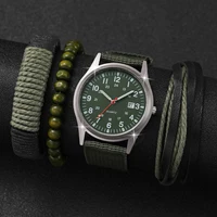 4PCs/Set Men's Vintage Watch Nylon Strap Fashion Calendar Quartz Dial Green Leather Bracelet Set 1