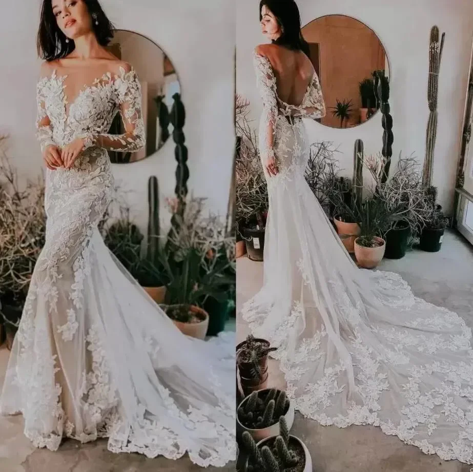 

Boho Long Sleeves Mermaid Wedding Dresses Sheer Neck Lace Appliques Sweep Train Garden Plus Size Vestido Backless Bridal Gown