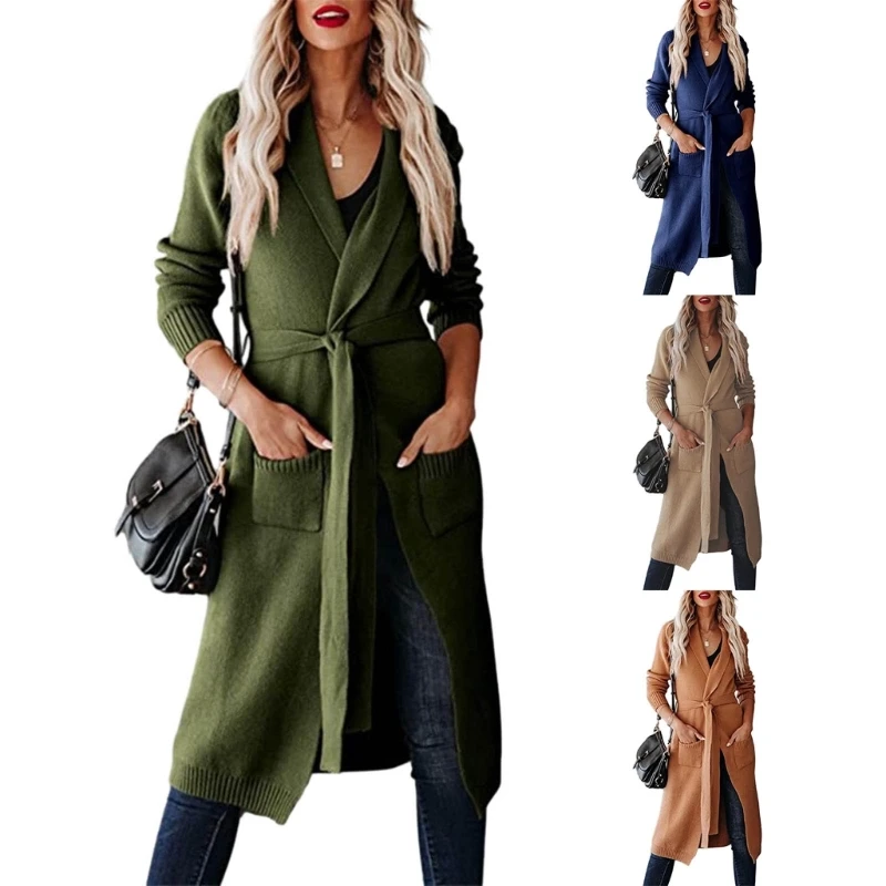 

Womens Long Cardigans Cable Knitted Open Front Oversized Belted Solid Color Outerwear Sweater Coat Knitwear Dropship