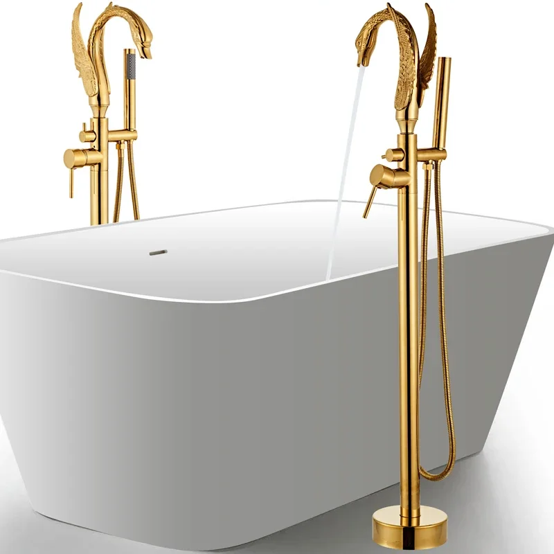 

Gold Bathroom Bathtub Faucet with Handheld Shower Free Standing Black Swan BathTub Mixer Taps Floor Mounted 3 colors