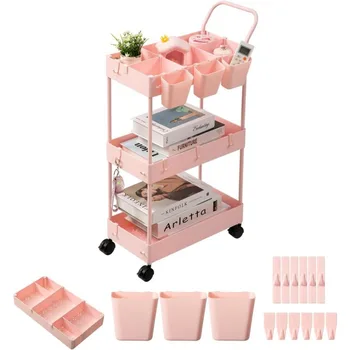 Storage Cart on Wheels, Bathroom Organizer Slim Laundry Cart Narrow Shelf Cart with Wheels Dividers Hanging Cups Hooks 3