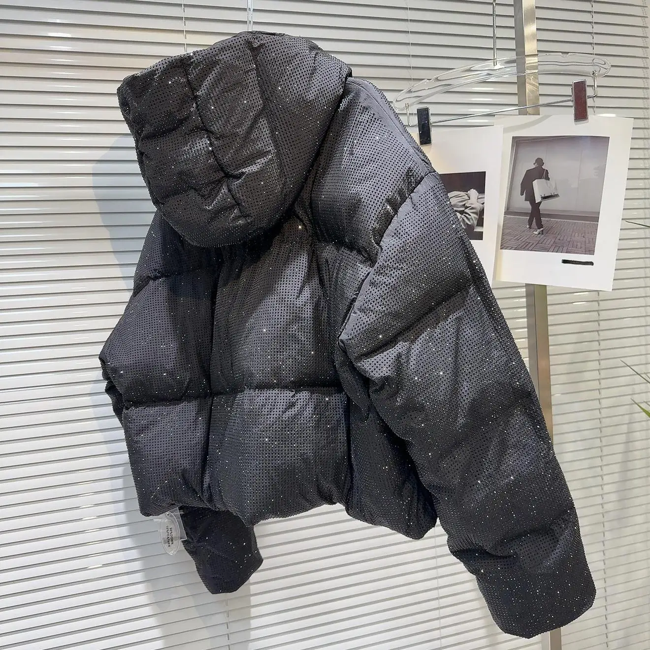 Winter New Heavy Du Star iny Rhinestone Design Hooded Cotton Jaet Thiened Street Sle Long Sve Zipper Closure Coat