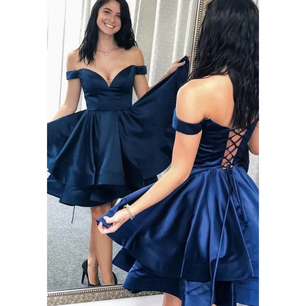 

Navy Blue Short Prom Dresses 2023 Tiered Sweetheart Off Shoulder Homecoming Dress Lace Up Back Evening Vestidos De Graduación