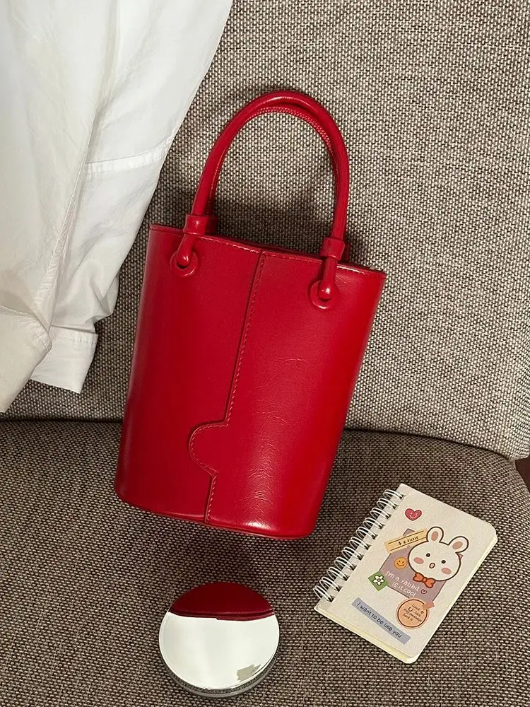 

Office Lady PU Elegant Red Shoulder Bags Women Bucket Bag Fashion Commuter Solid Color Tote Bag Classic Bolsos All-match