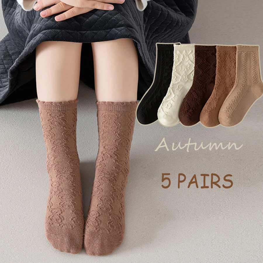 5 Pairs /Lot New Boys And Girls Mid-tube Kids Socks Autumn Winter Lolita Dark Flower Princess Socks All-match Children's