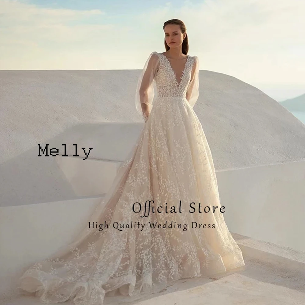 

Champagne Wedding Dresses for Women V Neck Bridal Gowns with Lace 2024 Summer Full Sleeve Vestido De Novia Court Train Backless