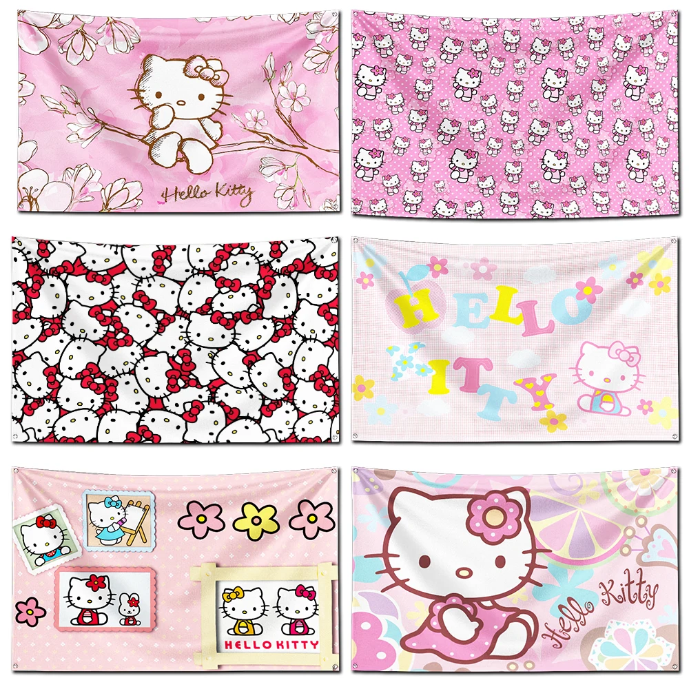 

3x5 Ft Cute Pink Hellos Kittys Cat Flag Polyester Digital Printing Banner For Wall Art Out Door Decoration With Brass Grommets